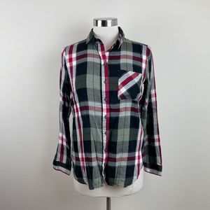 True Craft Black Red White Plaid Check Button Down Long Sleeve Top Women Medium